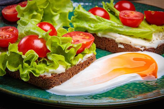 Black bread sandwich with melted cheese salad and tomatoes on a green plate.