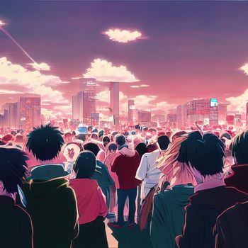 crowds in pink city anime style