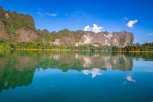 View of Khao Sok national park Cheow Lan Dam lake in Surat Thani, Thailand