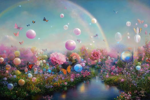 landscape enchanted garden filled with butterflies and pastel prism cocoons