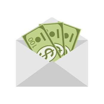 Postal paper open envelope with currency inside isolated on white background.Dollars in paper envelope icon in flat style.The concept of salary, financial investment, gift or surprise.