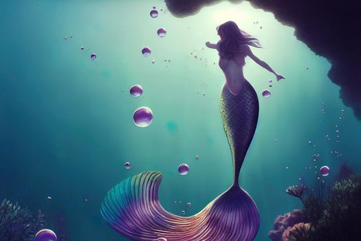 Beautiful mermaid , swimming underwater with fishes and reflective water