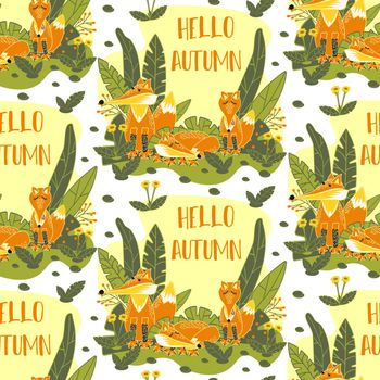Family of forest wild animals resting on forest green glade seamless pattern. Red foxes in nature. Hello, Autumn. For textiles, baby wallpaper or gift wrapping paper.