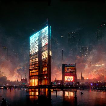 metaverse buildings, reflections, octane render, big city with a lot of lights