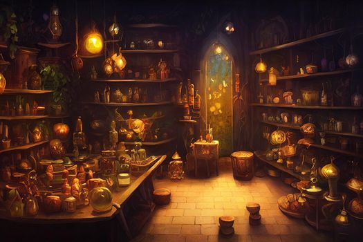 beautiful fairy merchant, potion shop background