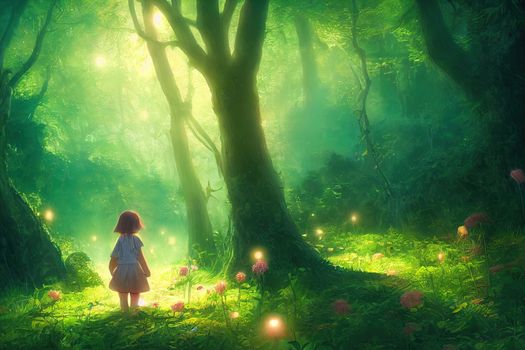 Young girl in a fantastic forest