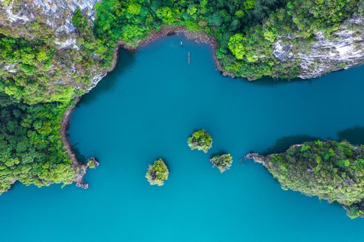 Aerial view of Khao Sok national park Cheow Lan Dam lake in Surat Thani, Thailand