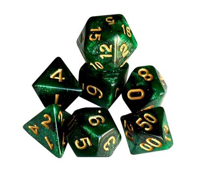 Dice game green polyhedral, MTG, RPG. Isolated. White background.