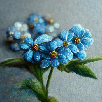 Bunch of small blue forget me not flowers with leaves. 
