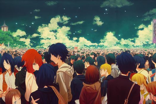 anime crowds in cinematic atmosphere