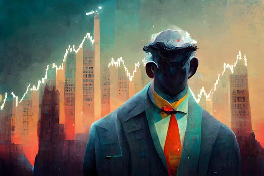 grotesque cartoon business man figure in front of bizarre styled charts and skyscrapers, neural network generated art