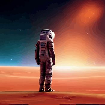 Astronaut explores space being desert mars. Astronaut space suit performing extra-cosmic activity space against stars and planets background. Human space flight. Modern colorful vector illustration