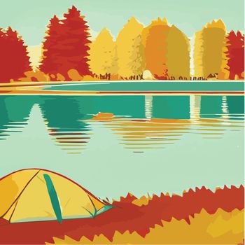 Autumn camp outdoors by the lake with tent vintage vector. Campground poster, mountain, river, illustration. Relaxation