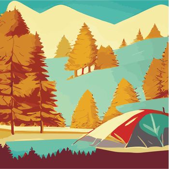 Autumn camp outdoors by the lake with tent vintage vector. Campground poster, mountain, river, illustration. Relaxation