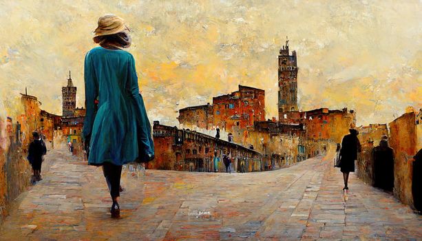 Stylish woman walks on background of cityscape of Siena old town