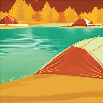 Autumn. Morning landscape in the mountains. Solitude in nature against the backdrop of mountains. Weekend in a tent in the autumn colorful forest. hiking and camping. Vector flat illustration