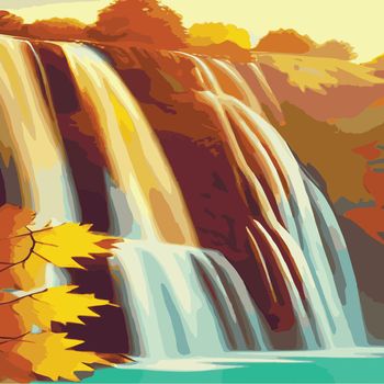 Autumn forest landscape with a cascading waterfall on the rocks. Vector cartoon illustration of a nature scene