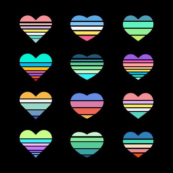 A set of striped colored hearts