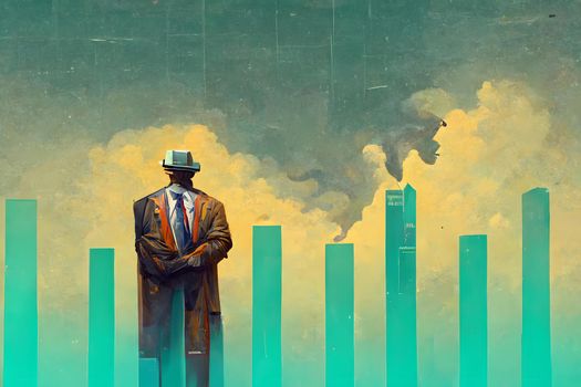 grotesque cartoon business man figure in front of bizarre styled charts and skyscrapers, neural network generated art