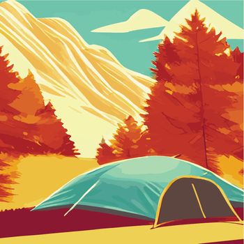 Autumn. Morning landscape in the mountains. Solitude in nature against the backdrop of mountains. Weekend in a tent