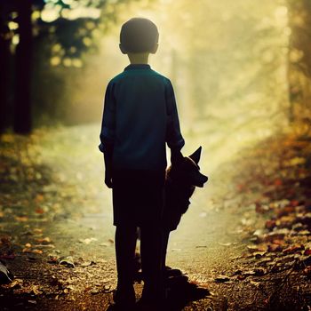 A boy with a dog on a walk