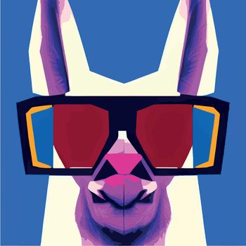 Print Cheerful llama with glasses pastel background pop geometric art. Humorous postcard, t-shirt composition, hand drawn