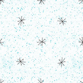Hand Drawn Snowflakes Christmas Seamless Pattern. Subtle Flying Snow Flakes on chalk snowflakes Background. Amusing chalk handdrawn snow overlay. Pleasant holiday season decoration.