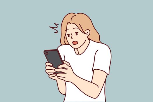 Stunned woman look at cellphone screen shocked