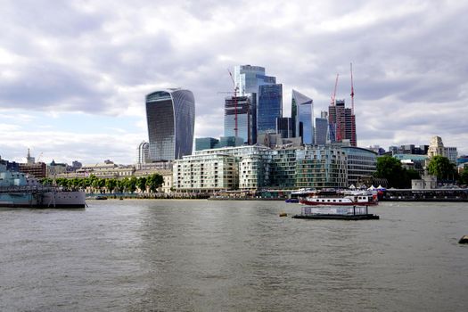 LONDON, UK - JULY 15, 2022: Financial district of the city of London on River Thames, England, UK