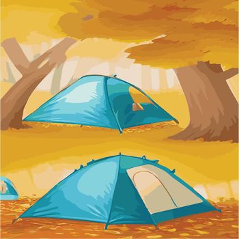 Vector illustration camping site with tent in autumn forest with wildlife trees Autumn mood square frame that can used for print designs greeting cards Camping autumn scene Forest walking landscape