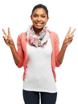 Peace to all. Portrait of a young woman showing you the peace sign.