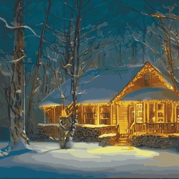 Mobile Vector illustration of Christmas night scene with snowy wooden house and decorated fir tree, sweet home in snowy