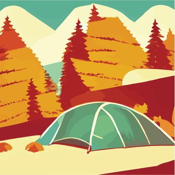 Autumn. Morning landscape in the mountains. Solitude in nature against the backdrop of mountains. Weekend in a tent