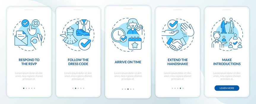 Business event etiquette rules blue onboarding mobile app screen
