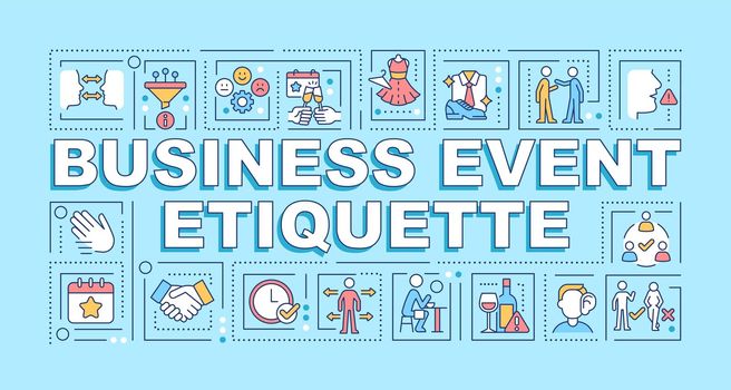 Business event etiquette word concepts blue banner