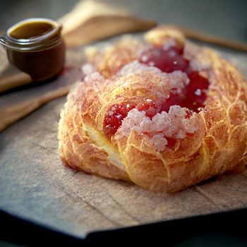 French croissant. Freshly baked croissant with jam on dark wooden background.