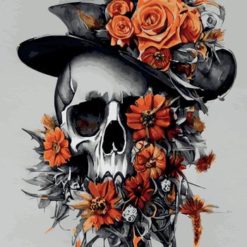 Print Human skull, exotic tropical flowers. Day of the dead skulls and flowers, vintage vector illustration Typographic