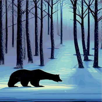 Print Brown bear winter forest. Fluffy animals sleeping in winter, wildlife mammal, zoo. Fauna and environment, biology