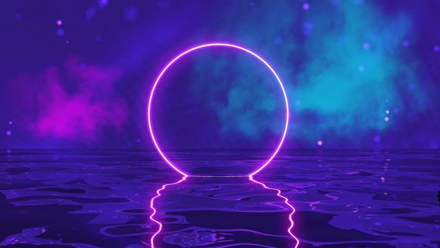 Abstract neon circle. Abstract room sci-fi illustration. Neon glow retro 80s background. Retro future 3d illustration. Futuristic background.