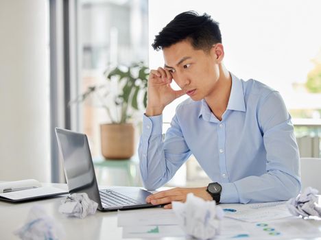 Stress, anxiety and startup issue with business man working on a laptop, frustrated and annoyed. Young asian entrepreneur feeling angry and unhappy with business plan fail and proposal error