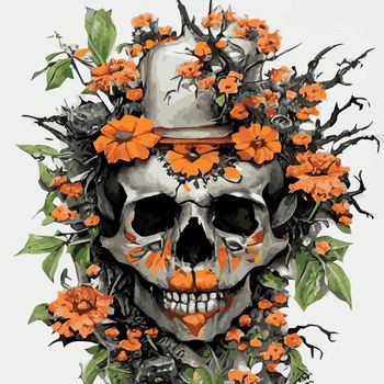 Print Human skull, exotic tropical flowers. Day of the dead skulls and flowers, vintage vector illustration Typographic