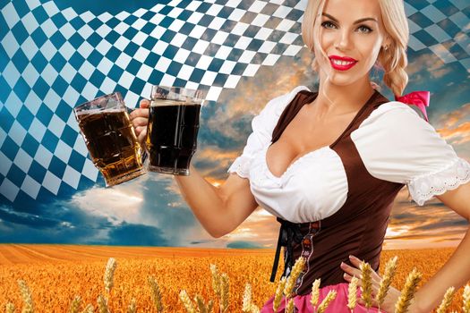 Beer party. Sexy Oktoberfest woman - waitress, in Munich wearing a traditional german Bavarian dress, serving big beer mugs on golden wheat field background.