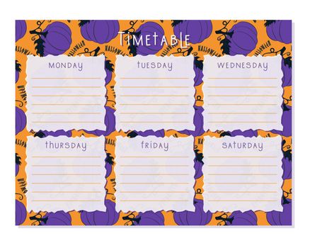 Timetable Halloween Pumpkin pattern , Class schedule, weekly calendar. Organizer information template. Empty school timetable, Planning sheet planning.