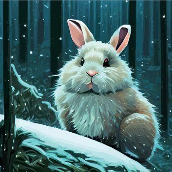 Rabbits sitting on the snowy ground of the winter forest. Hares in a forest with spruce pines and bushes with red berries. Fluffy animals surrounded by nature. Rabbit looks, vector in flat