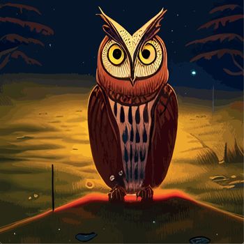 Print Cartoon illustration owl sitting forest under full moon. vertical vector illustration. owl sits branch looks seriously