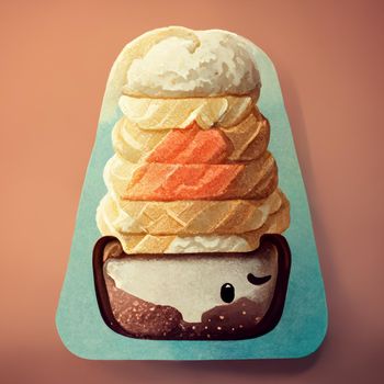 Ice cream balls in the waffle cone on pink vintage background. Digital generated  icon.