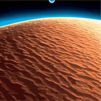 Landscape Mars surface with colonies building. Astronaut base on the red planet. Vector cartoon futuristic illustration of space colonization, space exploration concept. Space station alien galaxy