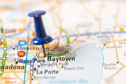 Bangkok, Thailand - January 20, 2022 Baytown, Texas road map with red pushpin, city in the United States of America USA.