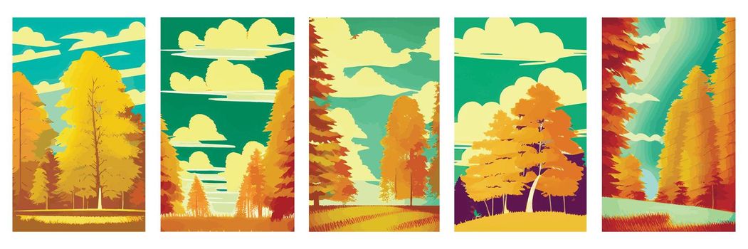Autumn rural landscape in evening light with sunset, , vector cartoon of autumn countryside with forest tree, maple trees with yellow foliage in autumn season.
