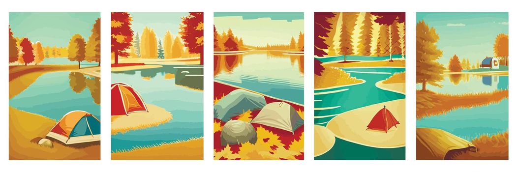 Set of vintage vector illustrations camping site with tent in autumn forest with lakeside wildlife, trees, mountains.